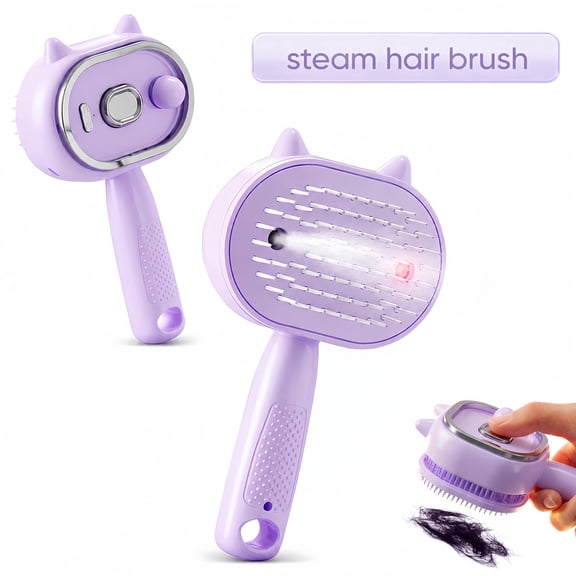 Steam Hair Brush, Electric Steam Brush, Steam Brush for Hair, 5-in-1 Rechargeable Spray Air Cushion Massage Comb for Scalp Massage, Detangling, Straightening and Curling, Lavender Purple Cat Design