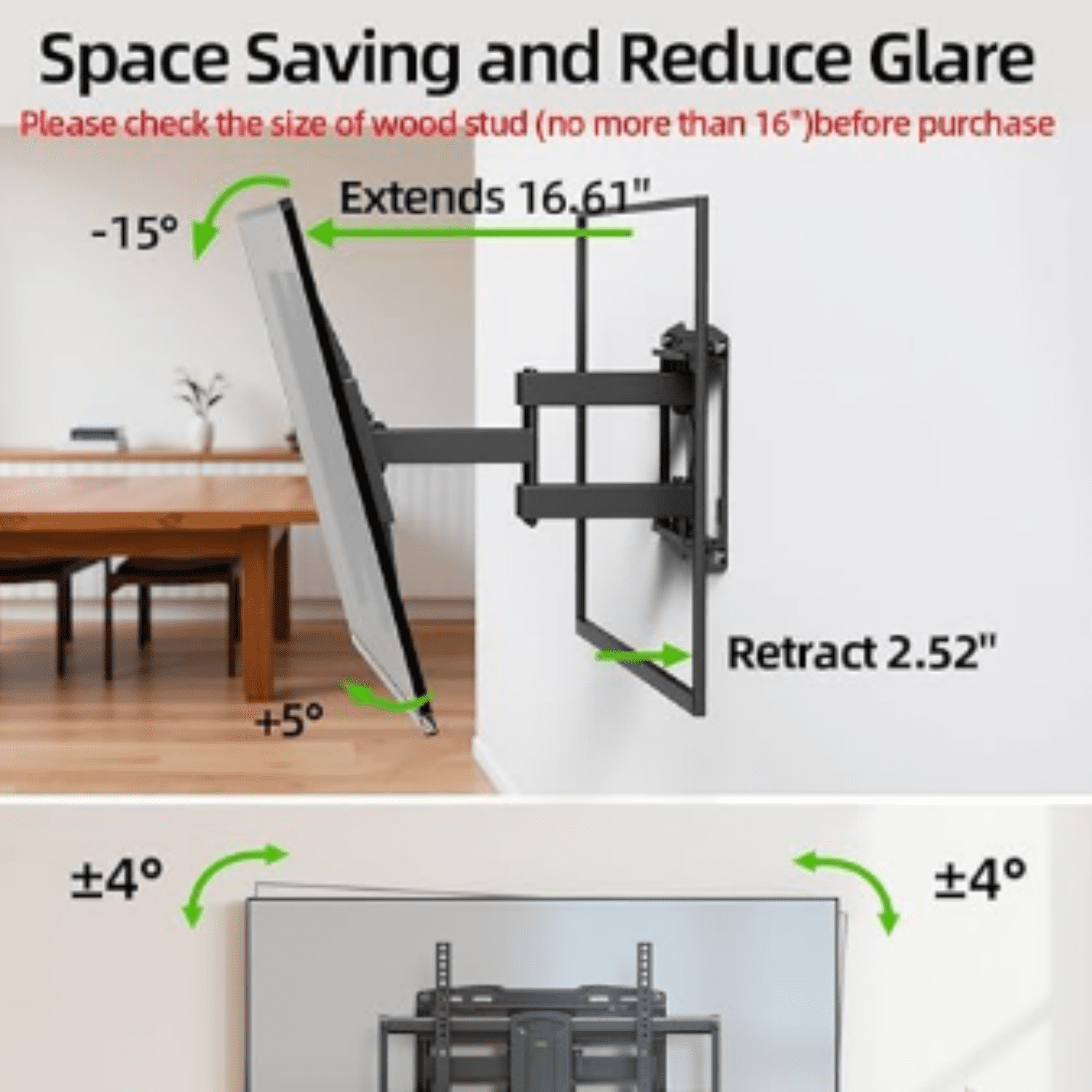 Full Motion TV Wall Mount for 42-85 inch, TV Mount Swivel and Tilt,Wall Mount Bracket with Dual Articulating Arms Up to 132lbs, VESA 600x400mm, Max 16" Wood Studs