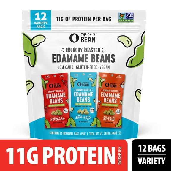 The Only Bean Crunchy Roasted Edamame - Healthy Snacks for Adults and Kids (Variety Pack), Low Carb Keto Snack Food, Vegan Gluten Free High Protein Snacks (11g), Office Snack, 0.9oz 12 Pack