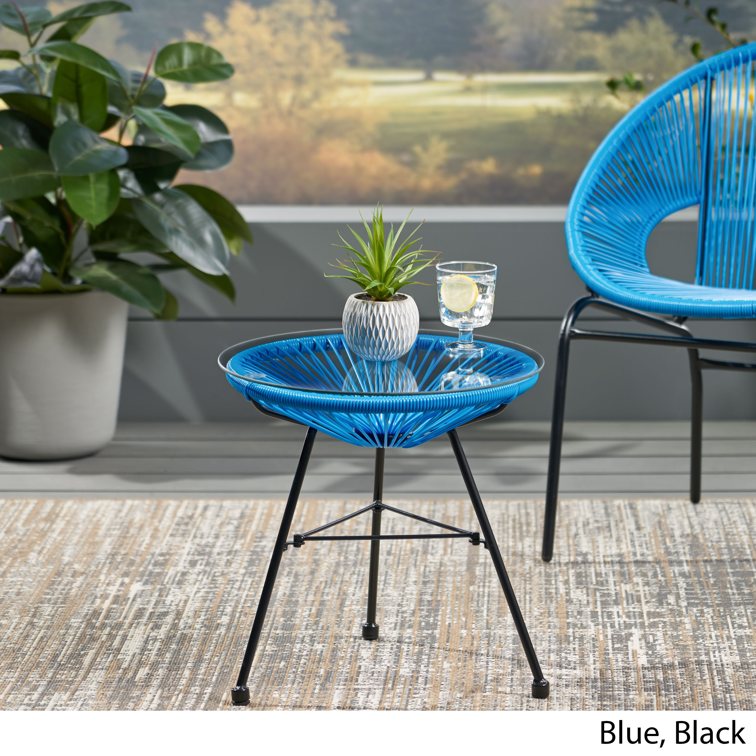 GDF Studio Chrissy Outdoor Modern Faux Rattan Side Table with Tempered Glass Top, Blue and Black - image 3 of 9