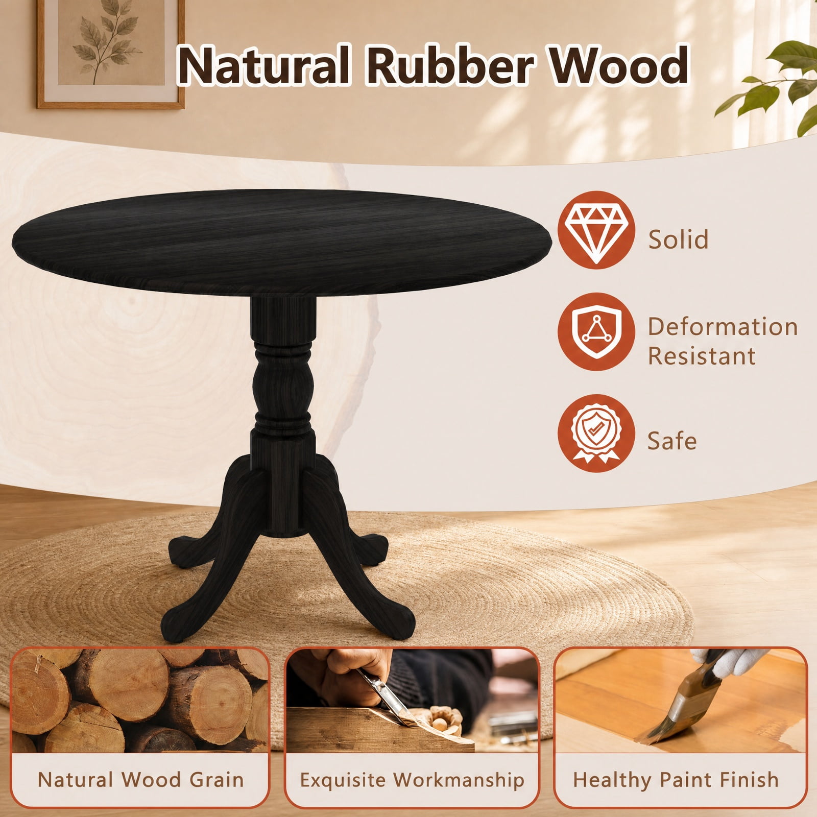 Furnibear Wooden Round Dining Table for 4 with Curved Trestle Legs and Adjustable Foot Pads for Kitchen and Dining Room, Black
