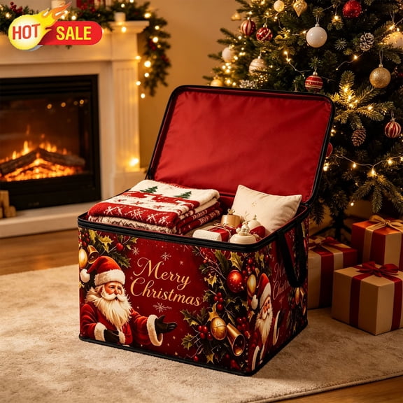 Qocolcyl Christmas Storage Bin with Santa Claus Print, Polyester Zipper Organizer Box with Reinforced Handles, Festive Holiday Storage Container for Xmas Ornaments, Balls and Home Decor Accessories