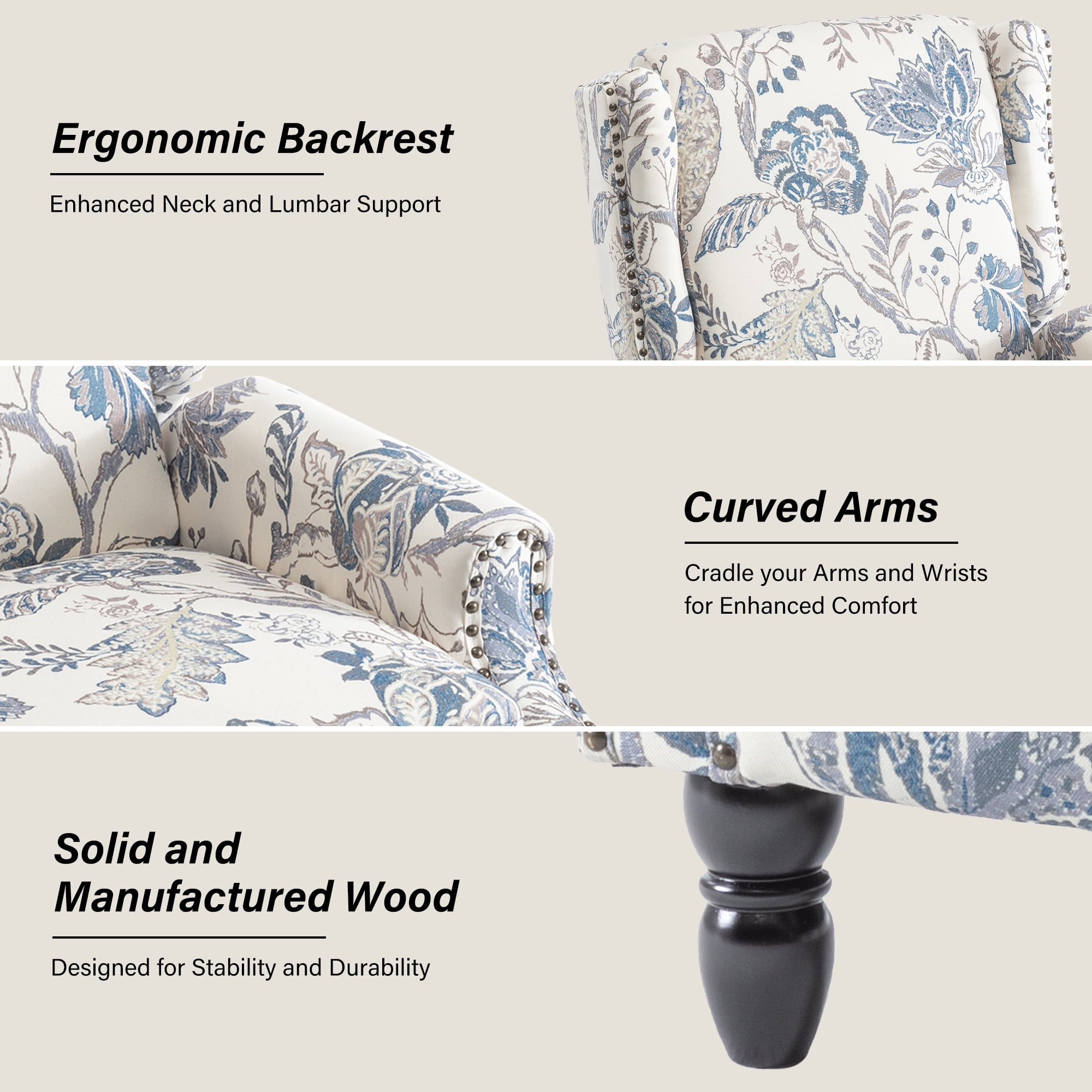 DREAMSIDEA Push Back Recliner Chair Living Room, Wingback Reclining Sofa Chair, Fabric Floral Recliner Reading Chair with Footrest for Living Room/Office/Apartment, Blue Plants