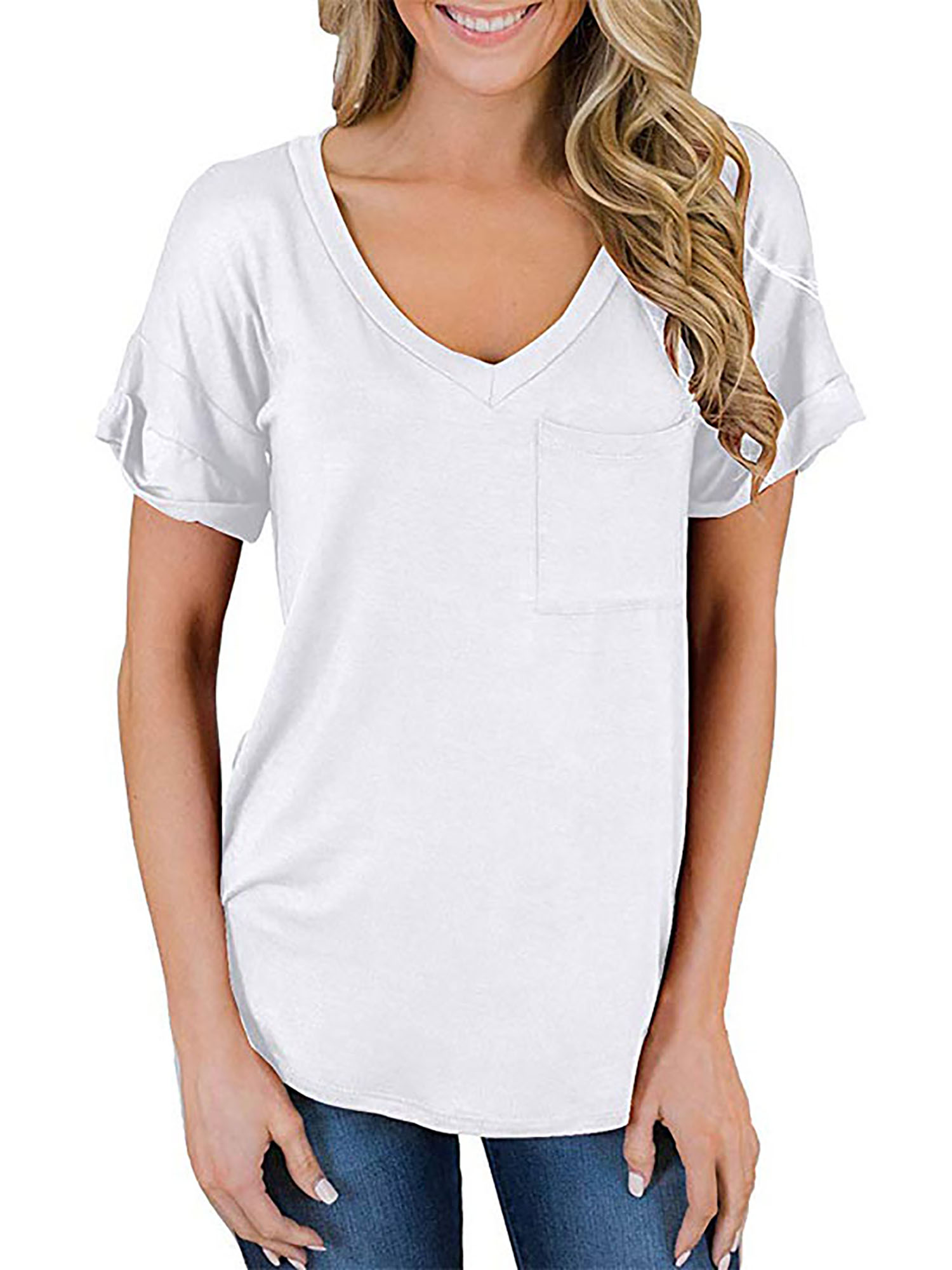 Women Solid Color Short-Sleeved Tops Blouse V-Neck Casual Pullover Tops Fashion Tunic Tops 