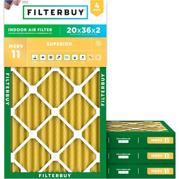 Filterbuy 20x36x2 Air Filter MERV 11 Allergy Defense, Pleated HVAC AC Furnace Filter Replacement, 4-Pack