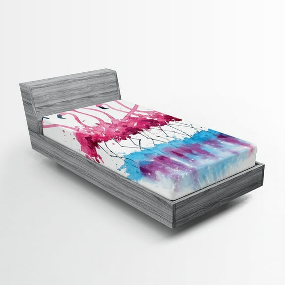 Ambesonne Animal Fitted Sheet, Flamingo and Bird, Twin Size, Pink Blue Purple