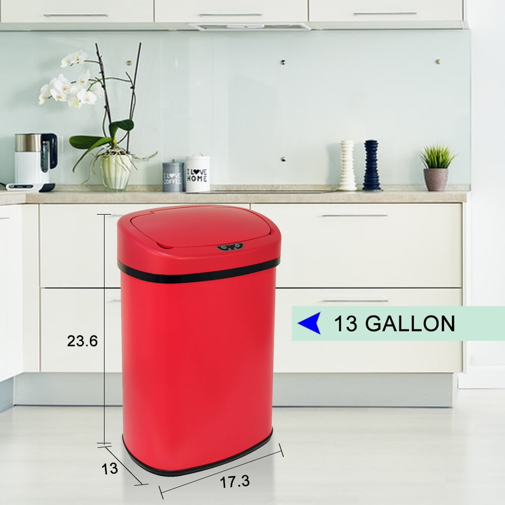 Automatic Sensor 13 Gallon Trash Can Touch Free Trash Can No Touch Garbage Can Kitchen Waste Bin Bathroom Trash Can with Lid for Home Bedroom Office, Power by Battery, Red
