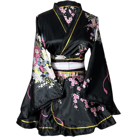GUENG Women's Floral Short Kimono Robe, Japanese Style Dress with Belt and Bowknot for Cosplay & Loungewear