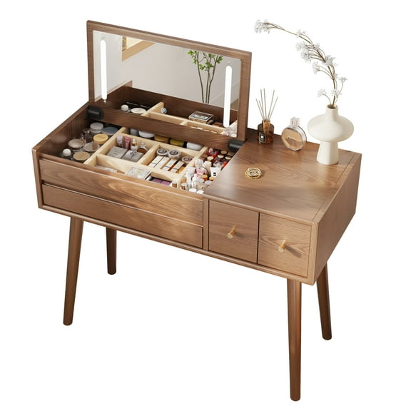 KASLANDI Solid Wood Makeup Vanity Desk with 3 Lighting Modes, Mirror, Space-Saving Dressing Table 4 Drawers for bedrooms, walunt