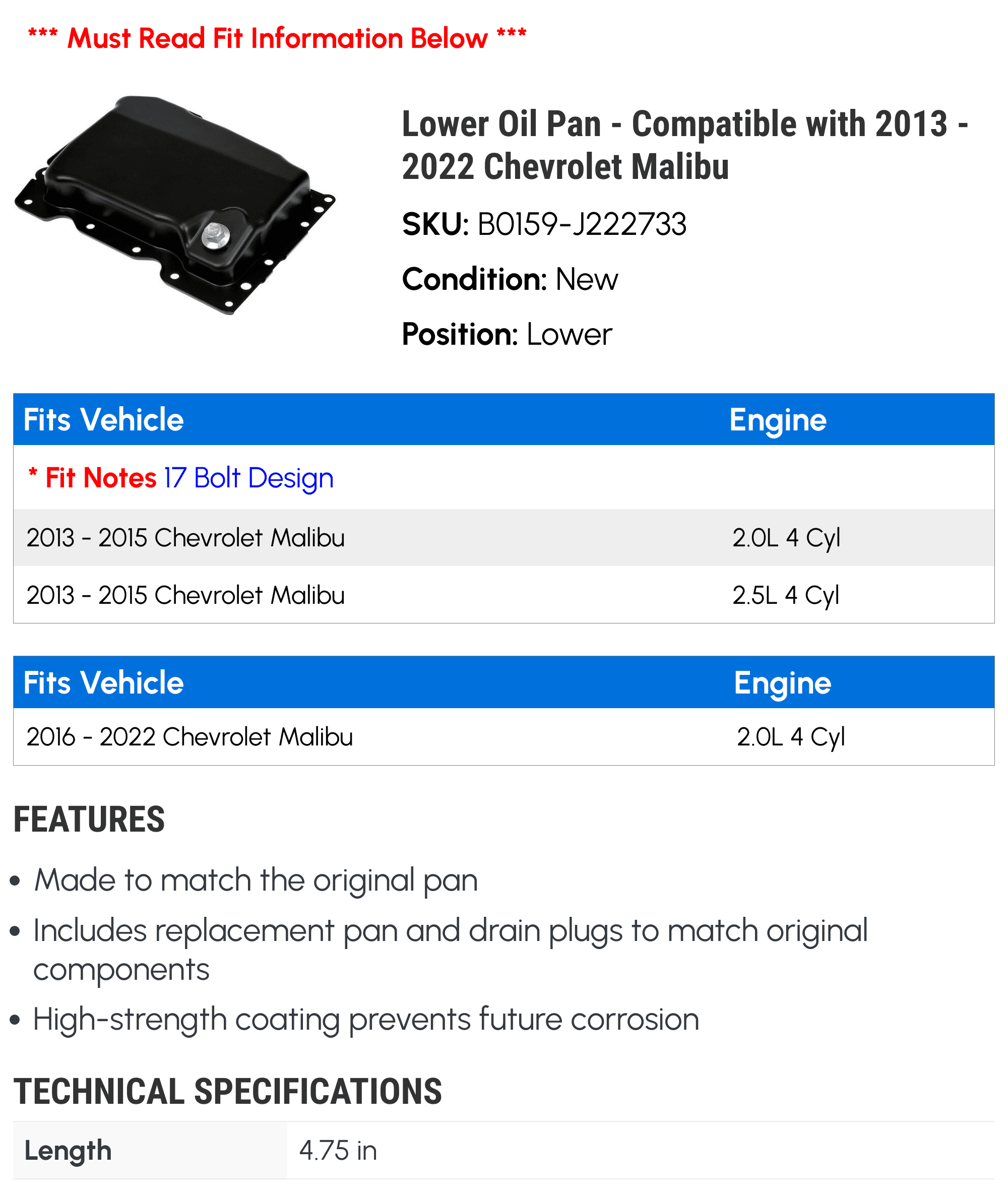 Lower Oil Pan - Compatible with 2013 - 2022 Chevrolet Malibu - Dorman
