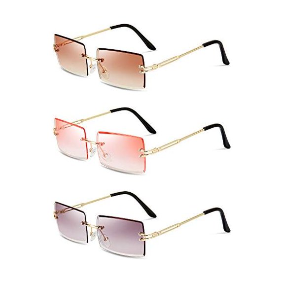 3 Pairs Rimless Rectangle Sunglasses Tinted Frameless Eyewear Vintage Transparent Rectangle Y2K Glasses for Women Men