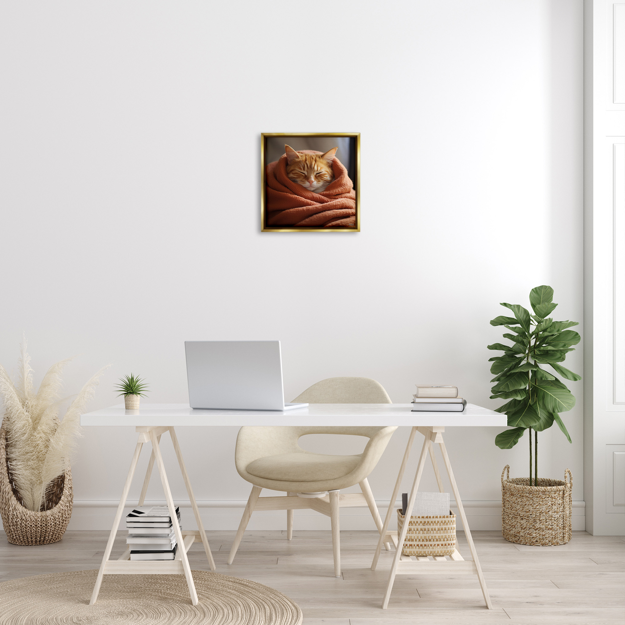 Stupell Industries Cuddling Sleepy Cat Animals & Insects Painting Gold Floater Framed Canvas Art Print Wall Art, 18 x 18