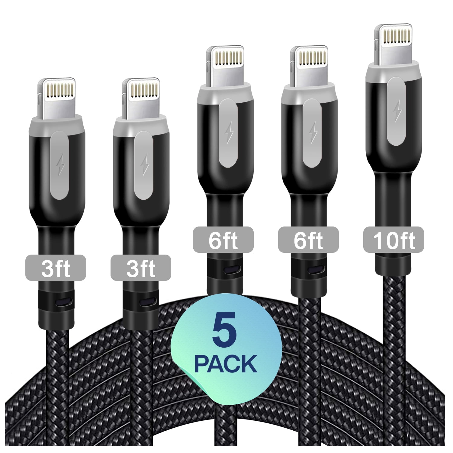 Mfi Certified Lightning Cables 5Pack 2x3Ft 2x6Ft 10Ft to USB Syncing Data and Nylon Braided Cord Charger for iPhone XS/Max/XR/X/8/8Plus/7/7Plus/6S/Plus/SE/iPad and More iPhone Charger 