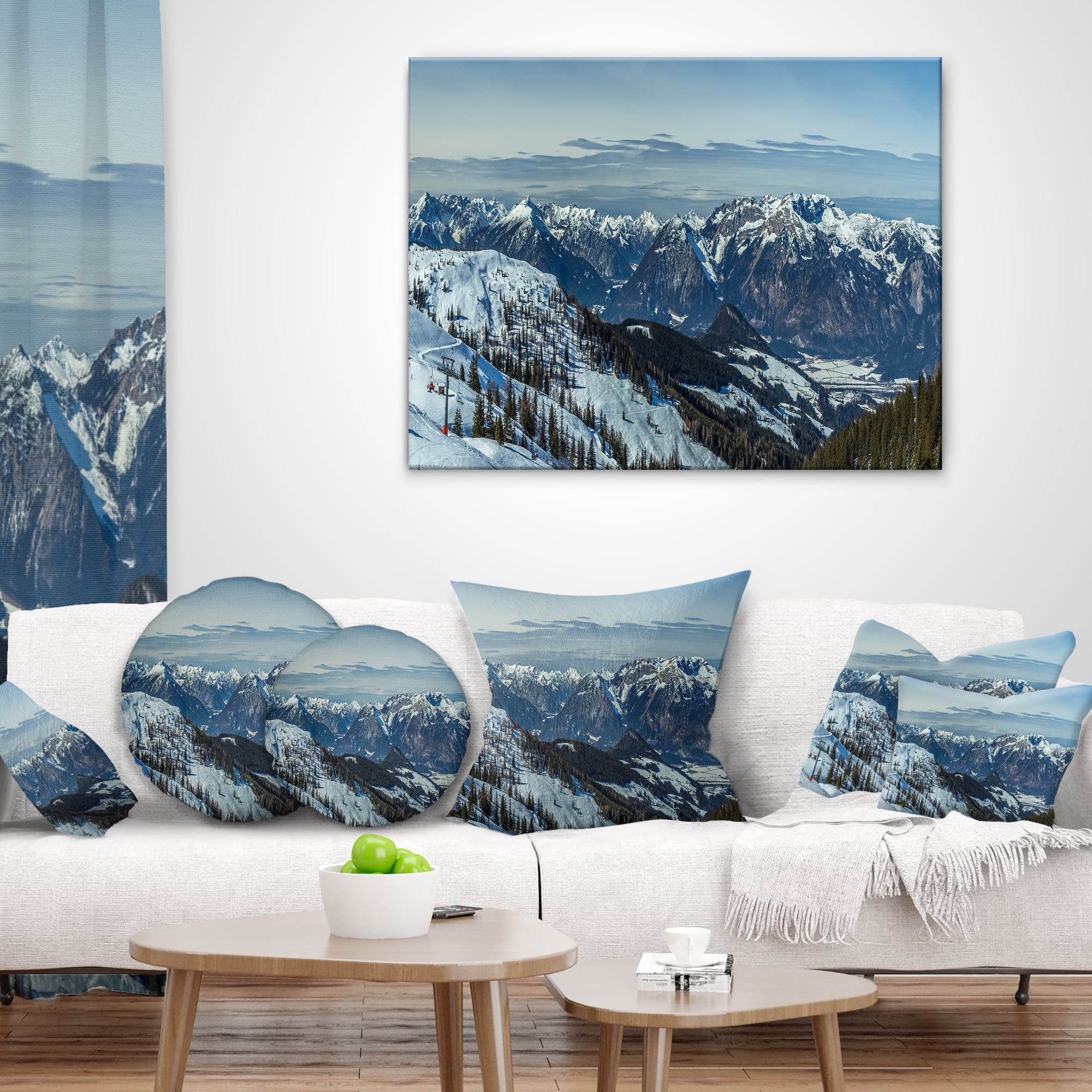 Designart White Ski Slope Panoramic View - Landscape Printed Throw Pillow - 18x18