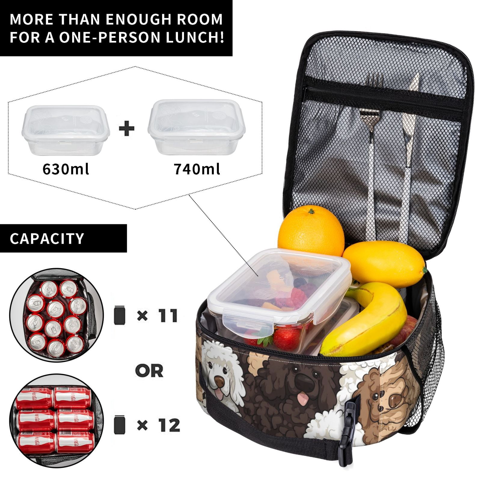 Lunch Bag For Women Men Insulated Portable Lunch Box Bento Box Office Picnic Travel Cooler Bag Curly-Haired Dog