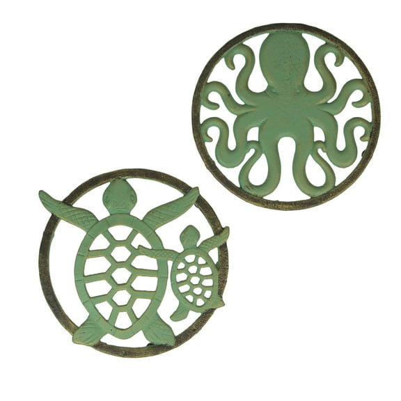 Zeckos Cast Iron Trivet Set: Nautical Octopus & Sea Turtle Design, Verdigris Finish