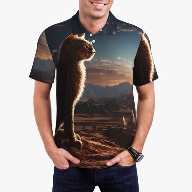 Balery Pyramid Desert Cat Camisa Polo de Hombre con Estampado, de Manga Corta y Tejido Medio, Camisa Tipo Golf Polo-X-Large