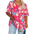 thumbnail image 2 of Jjayotai Womens Plus Size Flower Print Tshirt, Cute Graphic Floral Tees, Short Sleeve V Neck Summer Tee Tops, Shirts for Women Hot Pink^1 XXXXXL, 2 of 4