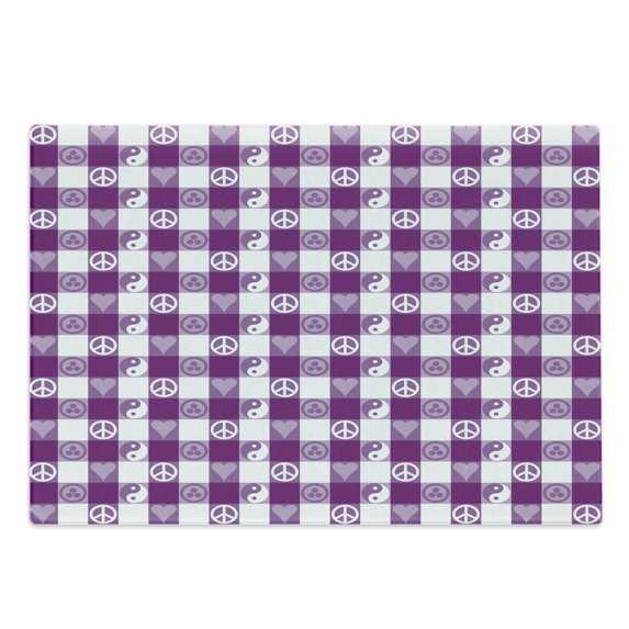 Plaid Cutting Board, Hearts Ying Yang Pattern Sign of Peace Pax Cultura Theme, Decorative Tempered Glass Cutting and Serving Board, Large Size, Magenta Lavender White, by Ambesonne