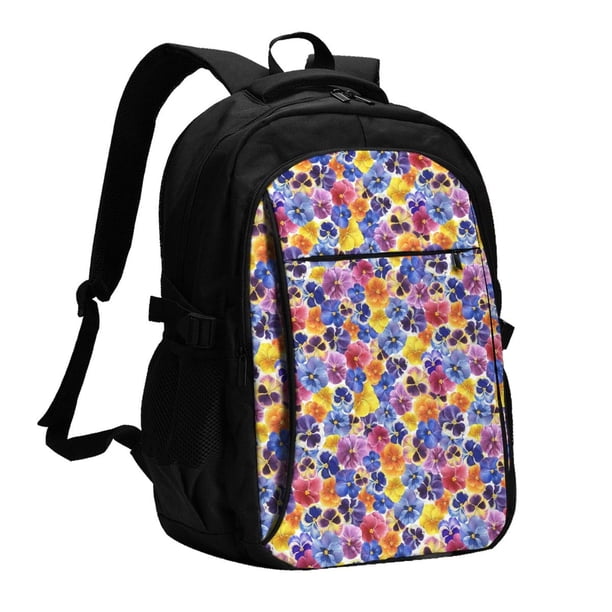 Balery The Garden Tricolor Pansy Flower Mochila con carga USB para hombre y mujer - Mochila impermeable y antirrobo para laptop con puerto USB para viajes, trabajo