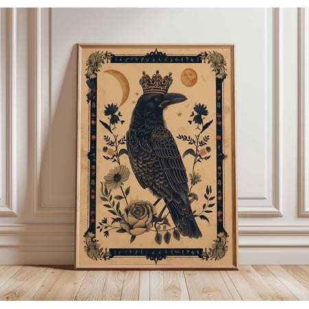Crowned Raven Gothic Crow Wall Art Mystical Moon Floral Decor Unframed Paper Print
