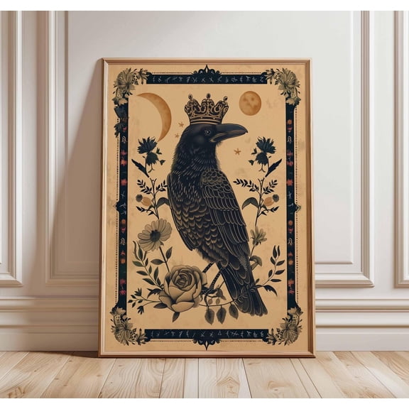Crowned Raven Gothic Crow Wall Art Mystical Moon Floral Decor Unframed Paper Print