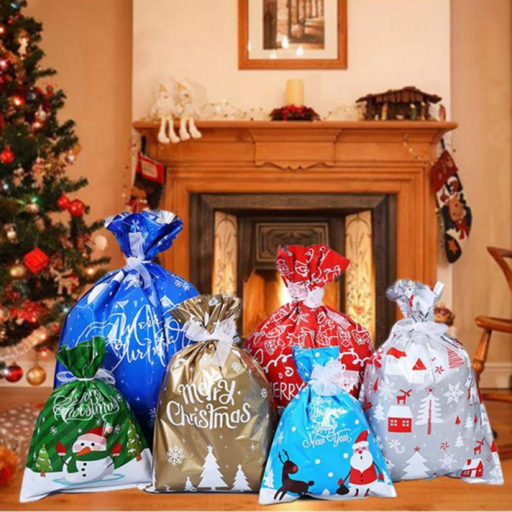 Christmas Gift Bags with Drawstrings&Bottom, Christmas Bags For Gifts  Wrapping Holiday Gift Bag Bulk for Presents Goody, Reusable Plastic Xmas  Gift