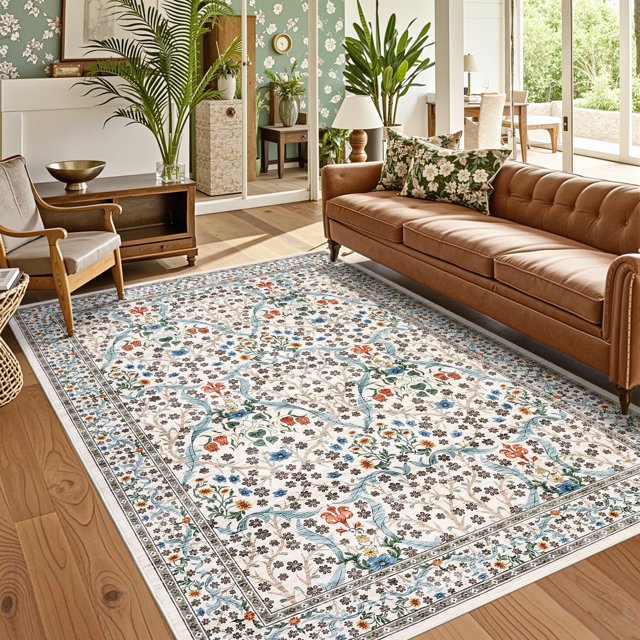 Garvee 9x12 Floral Area Rug Living Room Rug, Washable Rugs Non Slip Stain Resistant Soft Indoor Printed Rug Carpets, Low Pile Floor Mats for Bedroom Dining Room Home Office, Beige