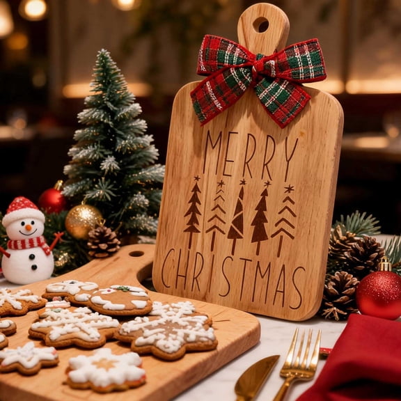 Eolstice Merry Christmas Wood Cutting Board, Wooden Serving Tray With Handle, For Kitchen Winter Home Party Table Decor