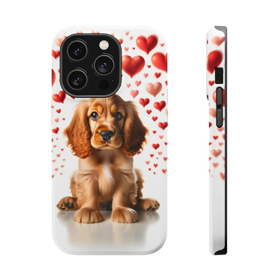 DistinctInk Tough Case for Apple iPhone 14 PRO (6.1" Screen), Compatible with MagSafe Charging - Valentine's Day English Cocker Spaniel Puppy