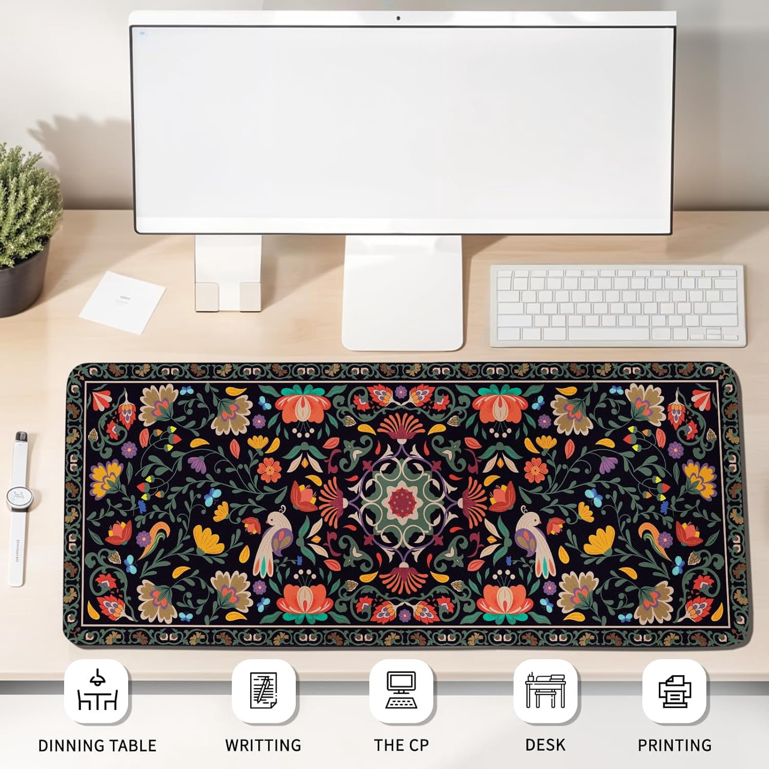 Vintage Flower Gaming Mouse Pad, Large Computer Keyboard RetroFloral Mousepad, Mouse Mat Big Non-Slip Base Stitched Edges, Desktop Mat Decor for Home Office 15.7”x 35.4” XXL Gift for Christmas