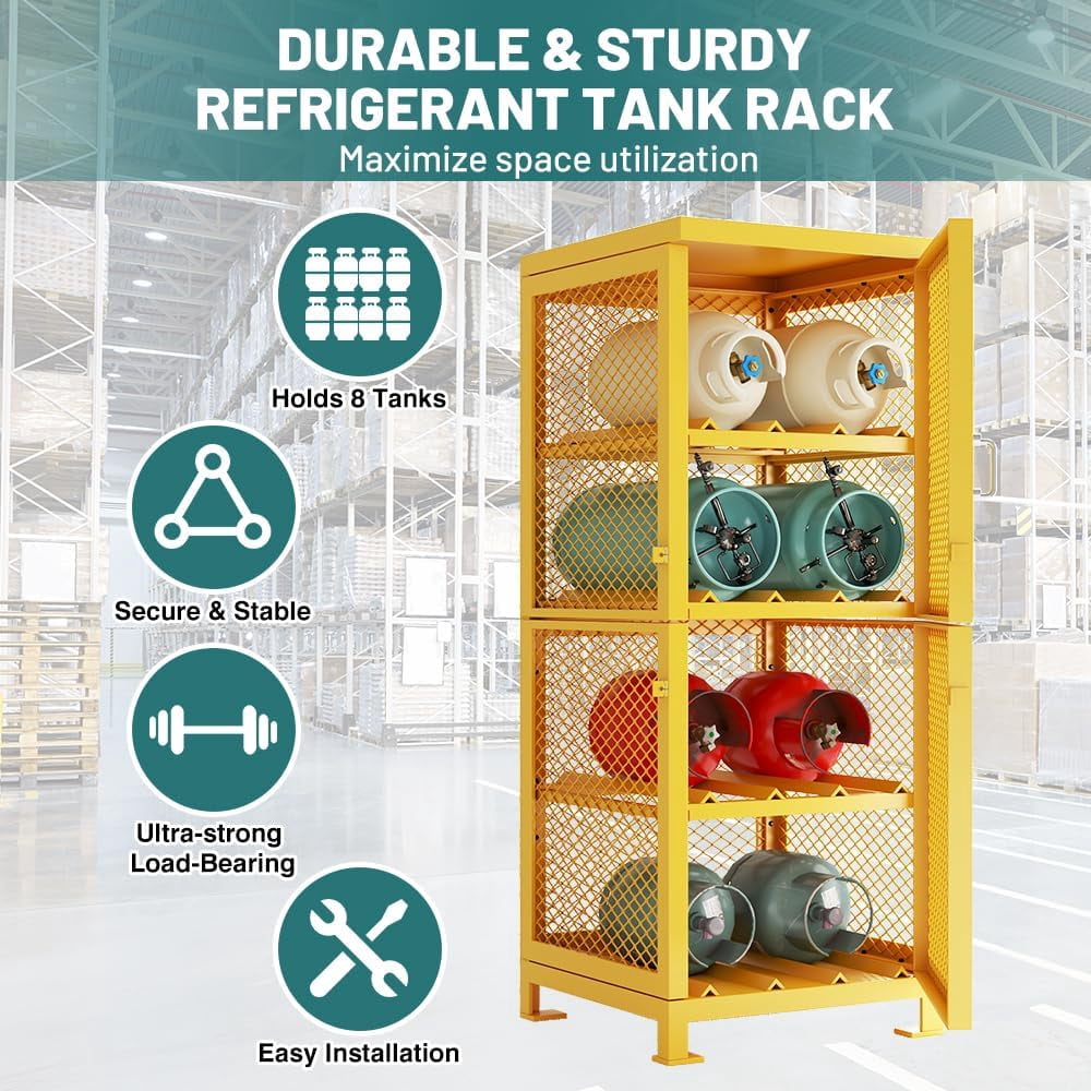 Yeeoy Horizontal Cylinder Storage Cabinet, 8 Cylinder Capacity, 30" L x 30" W x 71.7" H Propane Tank Storage Cage, Steel Safety Gas Cylinder Cabinet with Lockable Doors, Yellow Powder Coat Finish