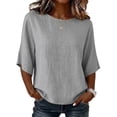 thumbnail image 2 of HongQid Linen Blend Tunic Tops For Women Round Neck Elbow Sleeve Casual Blouse Lightweight Loose Fit Shirts For Women, 2 of 7