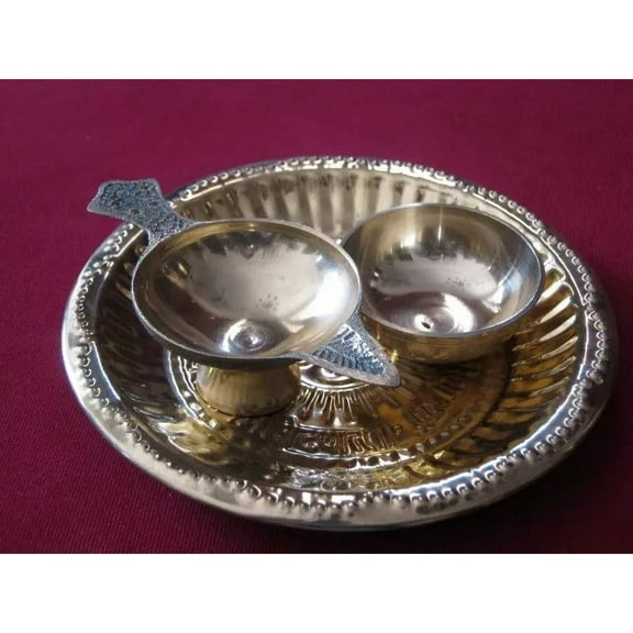 Brass Puja Thali Set With Diya Religious Bowl For Hindu Pooja Religious Rakhi
