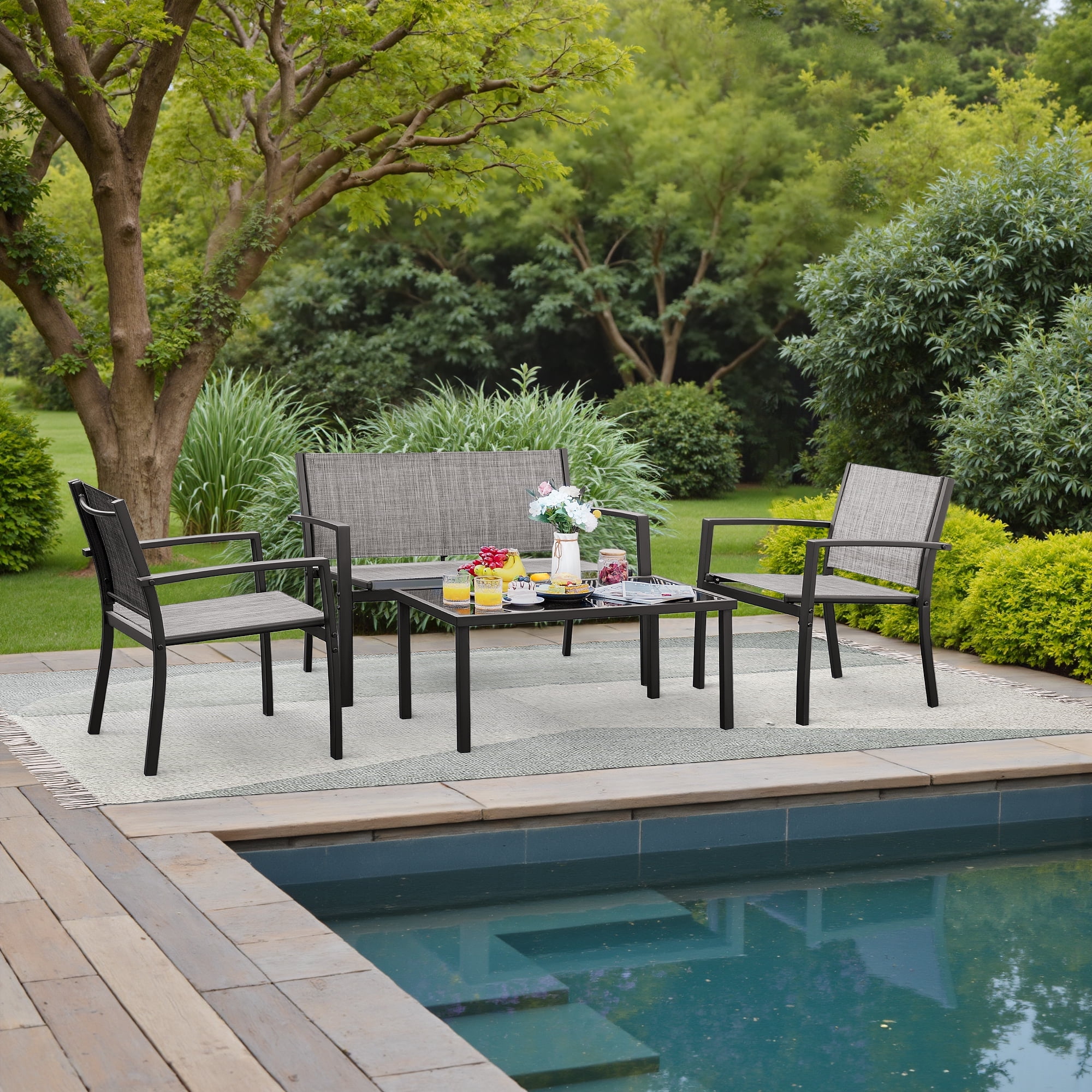 LACOO 4 Pieces Outdoor Furniture Set Patio Textilene Steel Conversation Set with Loveseat Tea Table for Lawn and Balcony, Gray