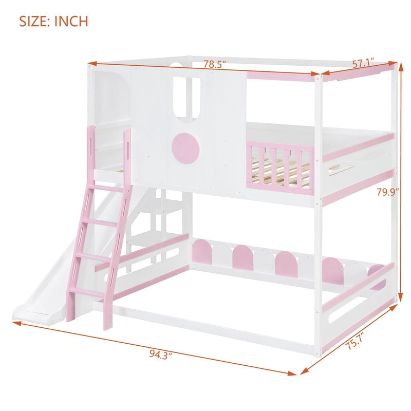 Full Size Versatile Kids Loft/Bunk Bed with Floor Bed, House Bed Frame with Slide, Storage Shelves and Guardrails