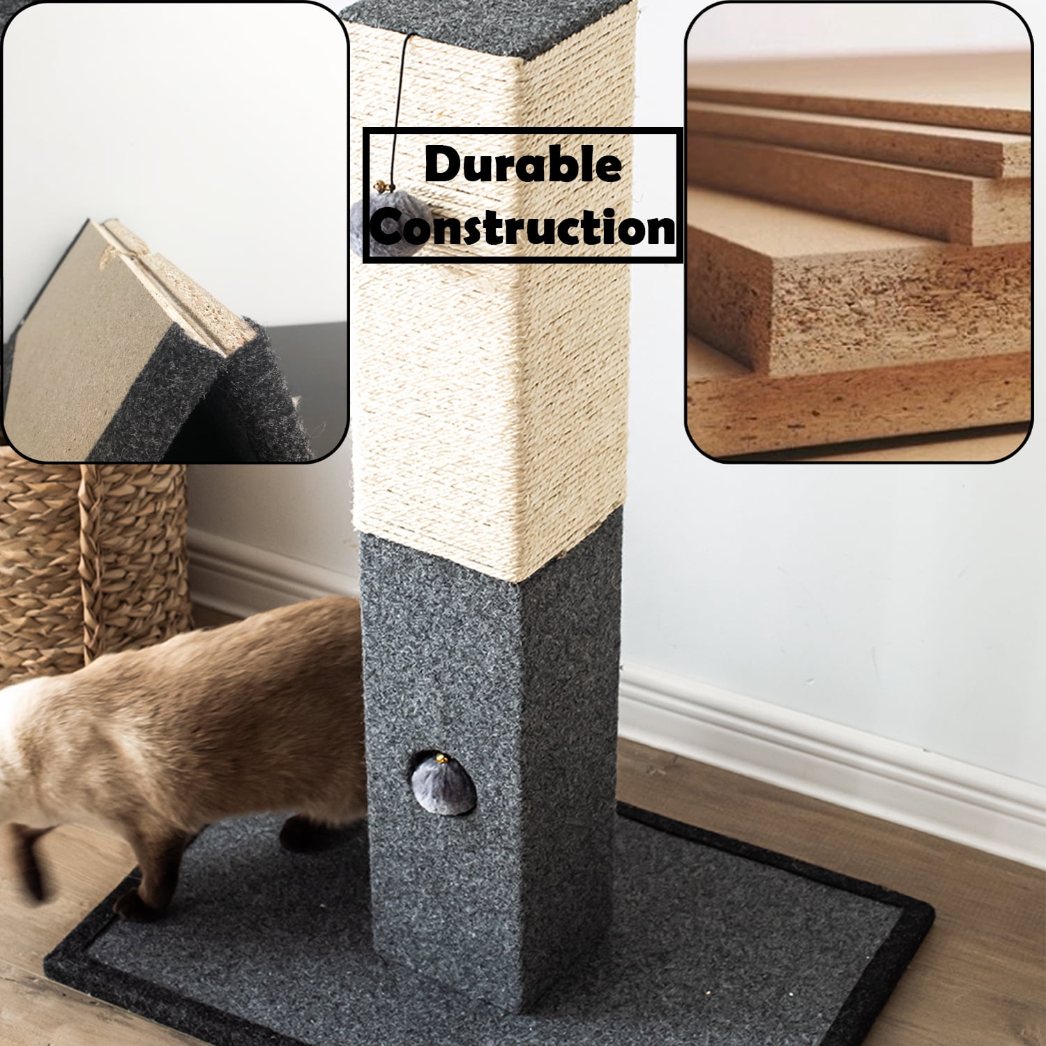 "Catry 32"" Large Gray & White Modern Sisal Scratching Post with Fleece and Rope"