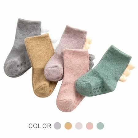 

1 Pair Toddler Socks Thick Lovely Non-slip Soles Three-dimensional Soft Keep Warm Coral Fleece Dinosaur Look Baby Floor Socks for Sleeping Green