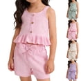thumbnail image 7 of Cute Summer Outfits for Girls 2 Piece Waffle Knit Ruffled Tank Top & Bowknot Elastic Waisted Shorts Sets (6-12 Months, Beige), 7 of 7