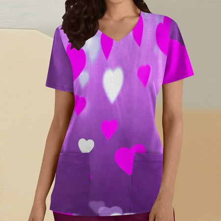 

Valentines Day Gifts for Her Ozmmyan Womens Tops Valentines Scrubs for Women Fashion Short Sleeve V-Neck Tops Working Uniform Happy Valentines Day Printing With Pockets Tops End of Year Clearance