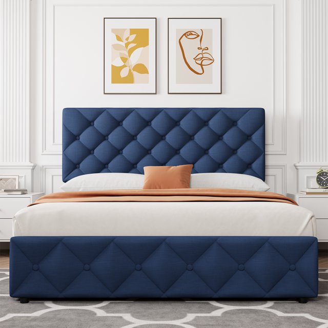 Towallmark King or Full Size Platform Bed Frame with 4 Storage Drawers – Adjustable Headboard – Diamond Tufted Linen or Faux Leather Upholstery – No Box Spring Needed