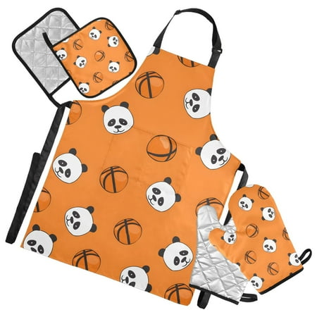 Funny Panda and Basketball 5 Pcs Kitchen Set Heat Resistant Oven Mitts and Non-Slip Pot Holders with Adjustable Cooking Apron
