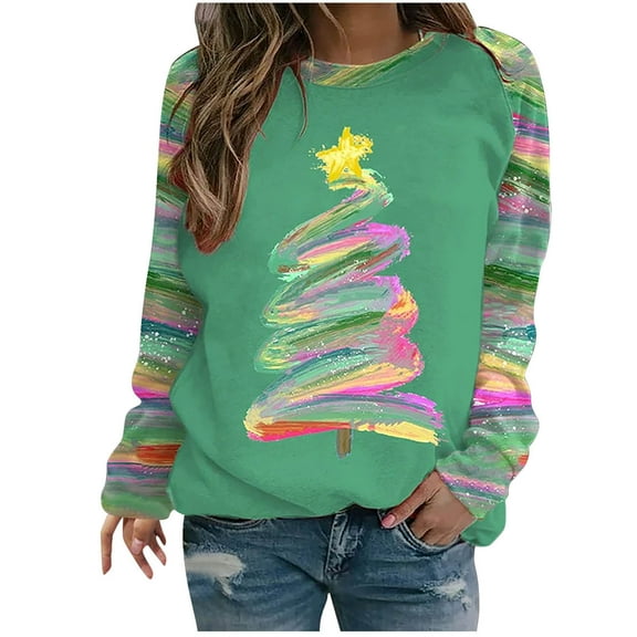 Clear 50% off Wycnly Christmas Sweatshirt Christmas Shirts for Women Fashion Graffiti Christmas Tree Print Graphics Sweater Girls Crewneck Long Sleeve Pullover Tops