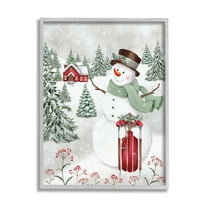 Cheerful Snowman Red Sleigh Sled Holly Botanicals Landscape Painting Framed Art Print Wall Art