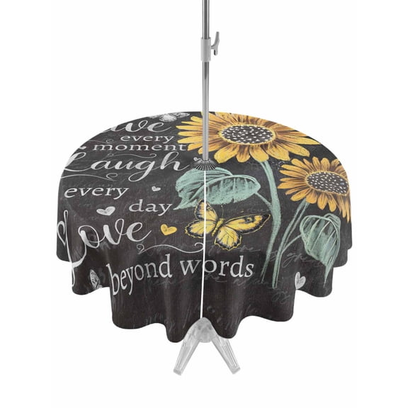 Retro Sunflower Outdoor Tablecloth with Umbrella Hole, Spring Summer Farmhouse Floral Butterfly Spillproof Waterproof Outdoor Table Cover, Patio Tablecloths for Party/Garden/Picnic, Round 60 inch