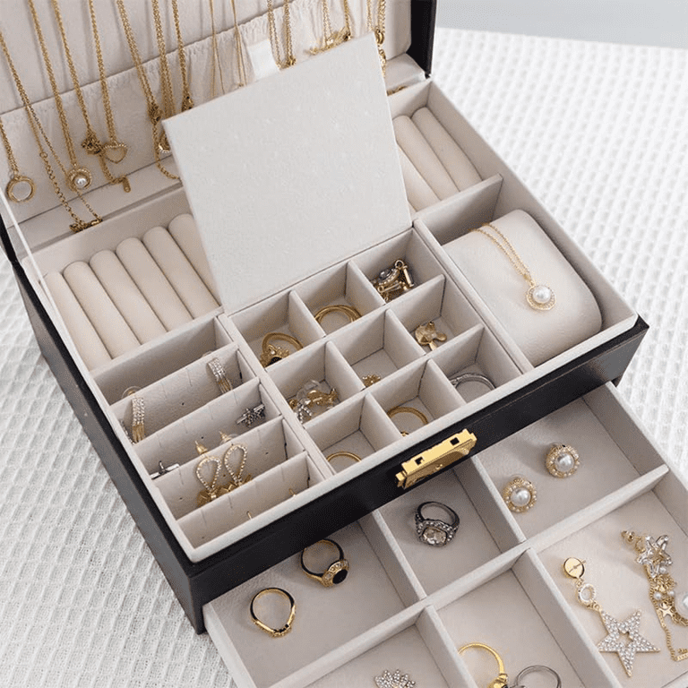 Bevtee 2-Layer Pu Leather Jewelry Box with Lock, Black photo 3
