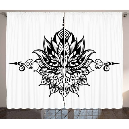 Black And White Curtains 2 Panels Set Lotus Flower Tattoo Art