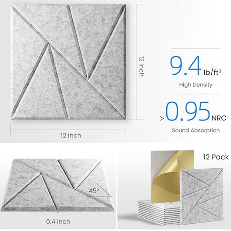 12 Pack Self Adhesive Acoustic Panels 11.8inch X 11.8inch Sound Proof Foam Panels (Silver Gray)
