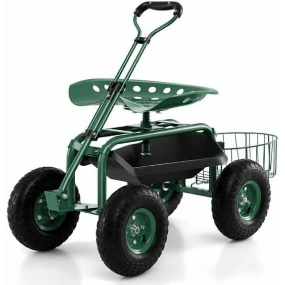 Garden Seat with Wheels, Rolling Stool with Extendable Handle, Storage Basket & Tool Tray, Garden Scooter with 360 Degree Swivel Seat for Outdoor & Yard (Green)