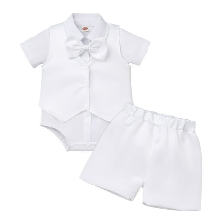 

Baby Boys Baptism Christening Outfits Gentleman Formal Suit Bowtie Romper Vest Shorts Pants White Wedding Tuxedo Party Outfits First Birthday Cake Smash Clothes 4PCS Set (White Bowtie 6-12 Months)